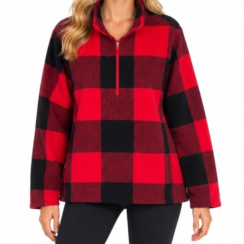 Lands' End Fleece Pullover Women Size 1X Red Buffalo Plaid Quarter Zip